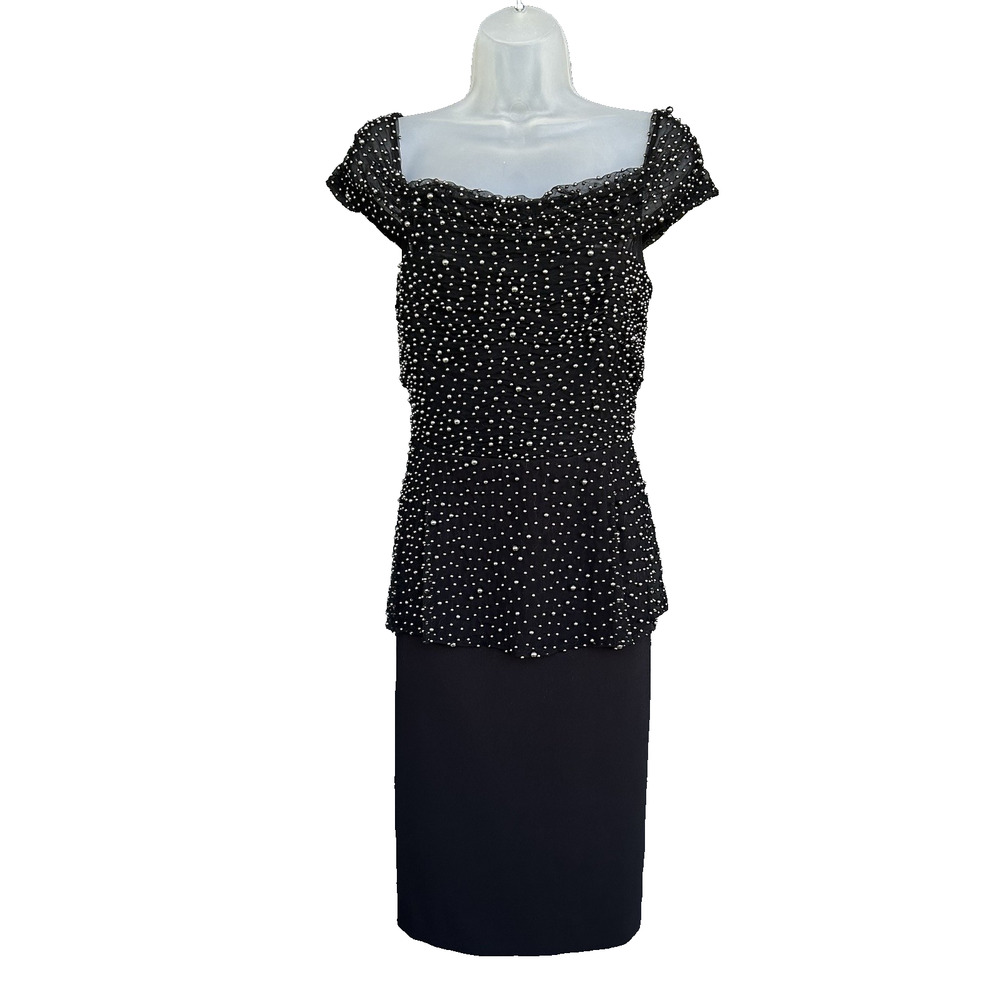 Badgley Mischka Embellished Beaded Tulle Dress Size 14 Black Cocktail Evening - Picture 2 of 16